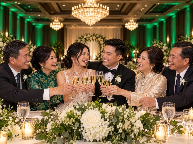 Cô dâu chú rể và ba má hai bên nâng ly champagne ở bàn chính