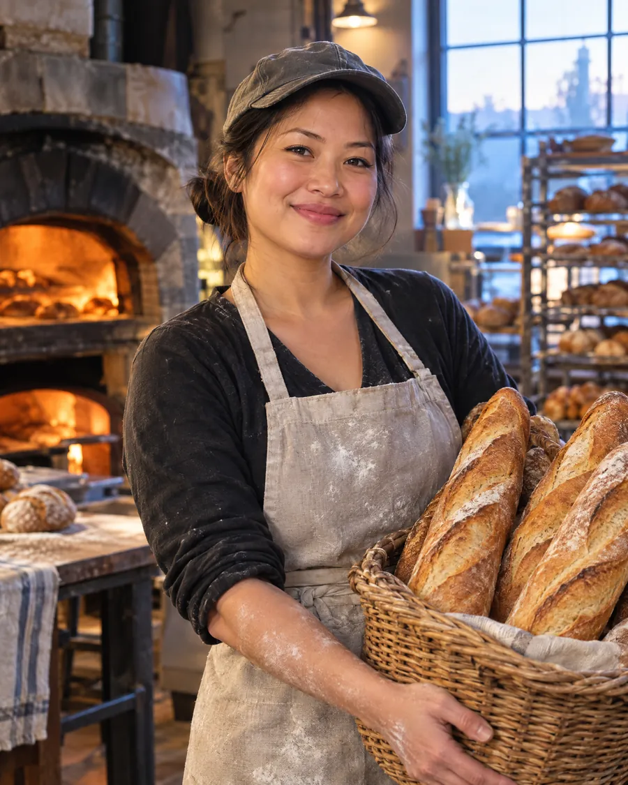 Vy, head baker, holding a basket of fresh baguettes