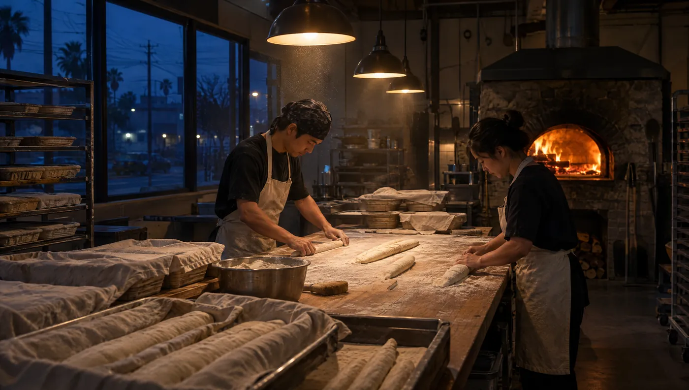 Bakers shaping baguette dough before dawn