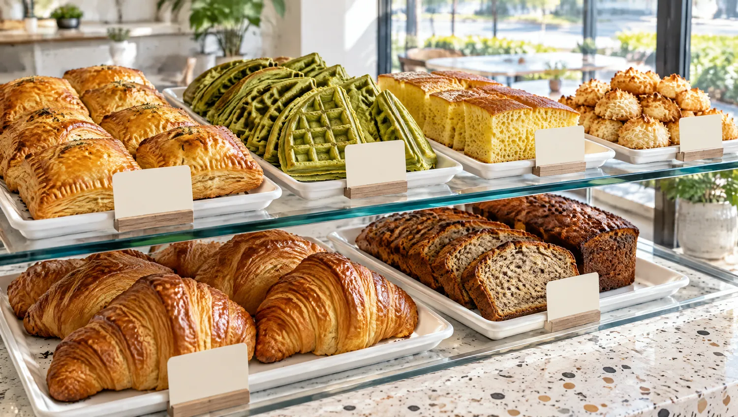 The bakery case with pâté chaud, pandan waffles, honeycomb cake, macaroons, croissants and banana bread