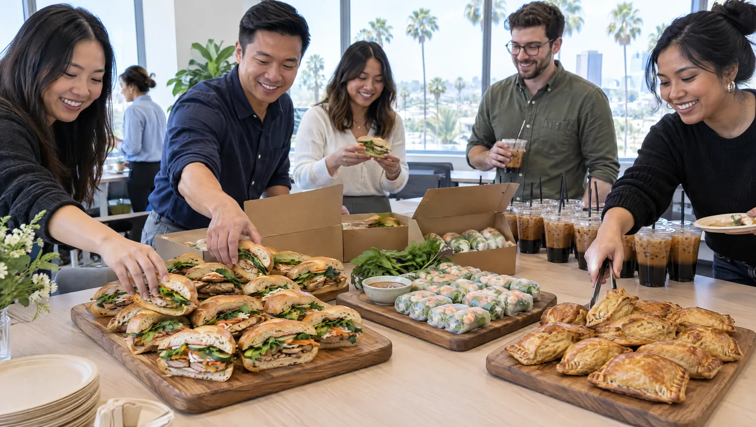 Coworkers sharing bánh mì platters and iced coffee at the office