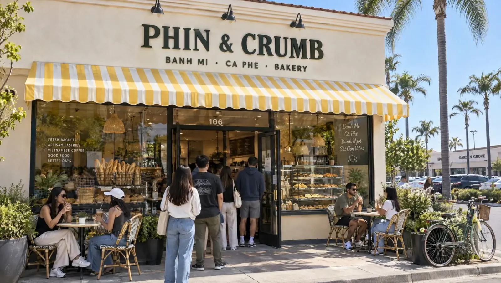 Phin & Crumb storefront with a yellow striped awning in Garden Grove