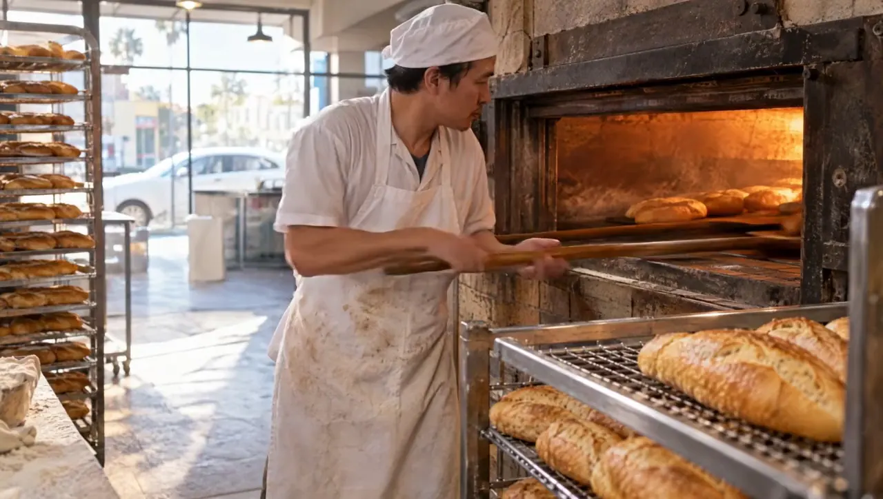 A baker pulling golden baguettes out of the deck oven