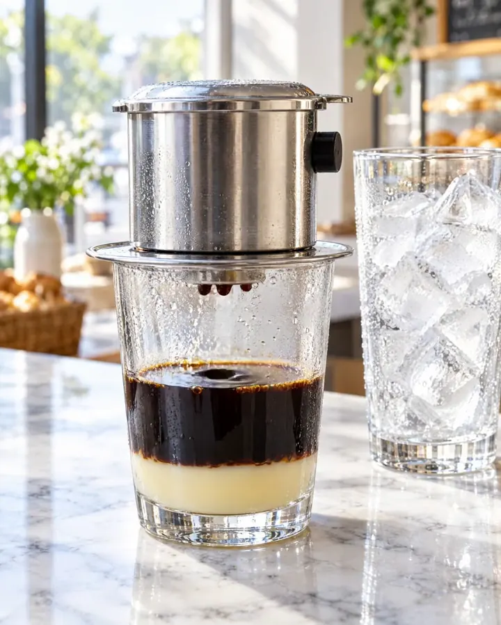 Coffee dripping from a phin filter