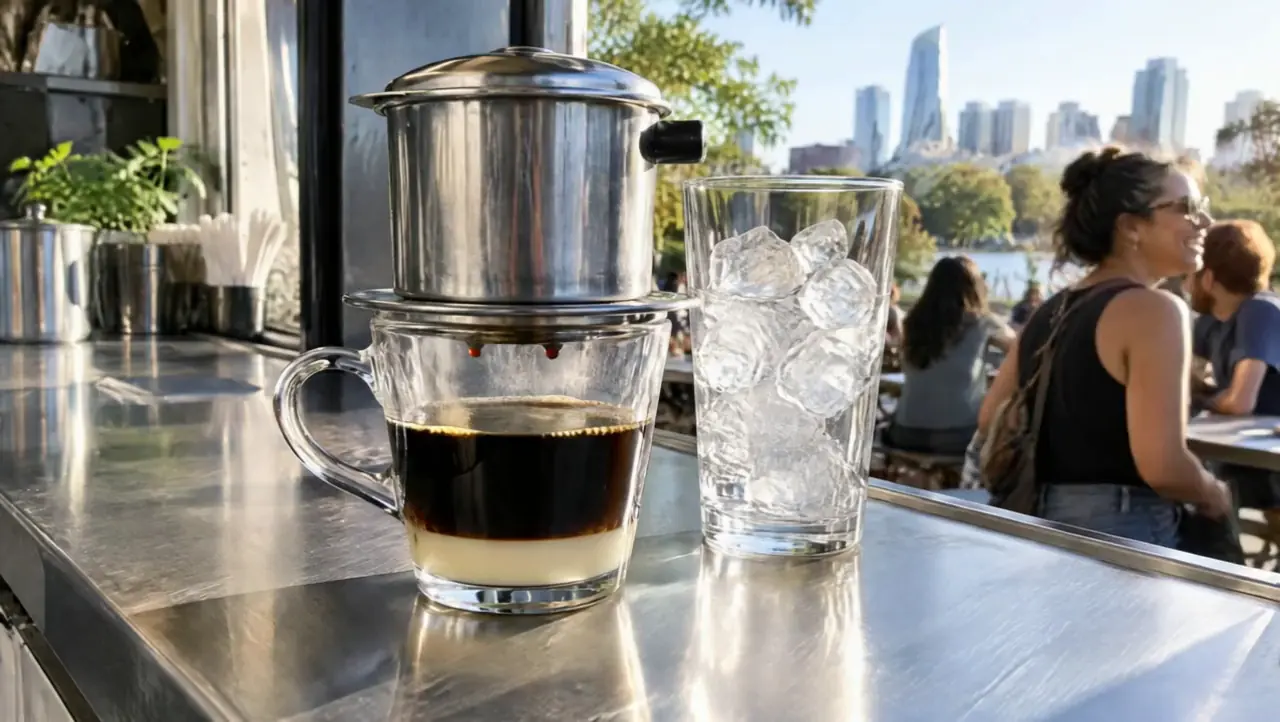 A phin dripping coffee into a glass on the truck counter, a cup of ice beside it
