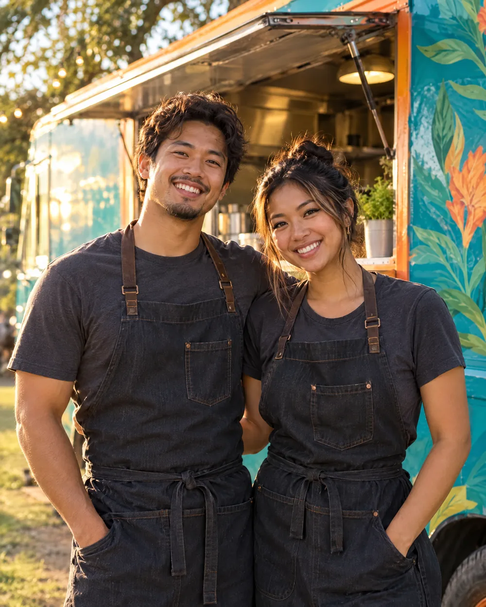 Bảo and Vy Trần in denim aprons in front of the truck