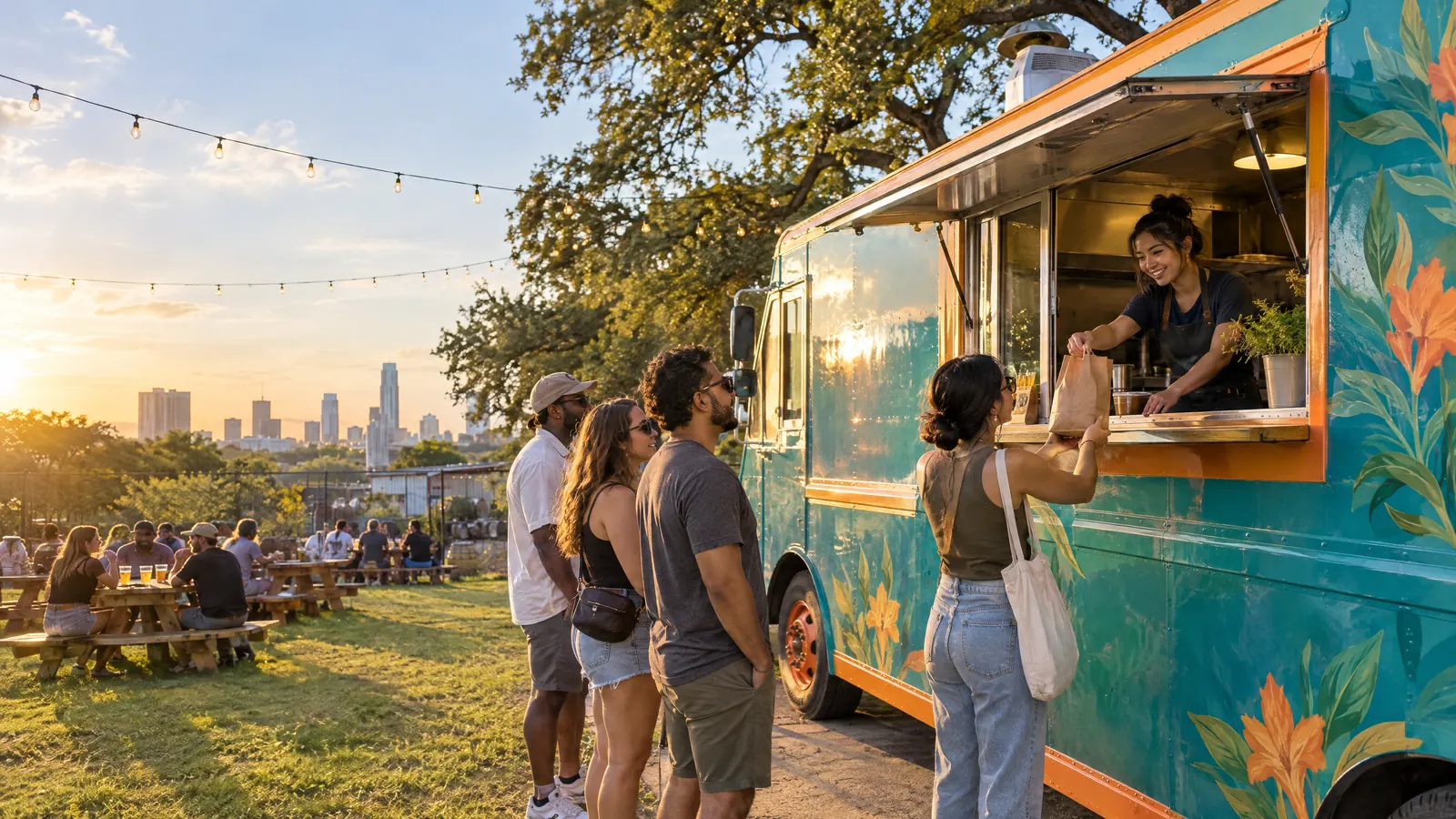The teal PHỐ 79 truck on a brewery lawn at golden hour, Vy handing a bag out of the window to a short line