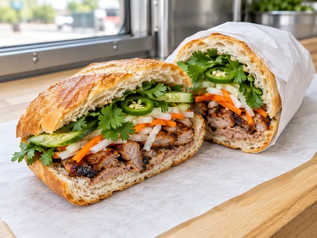 A grilled pork bánh mì cut in half on white paper
