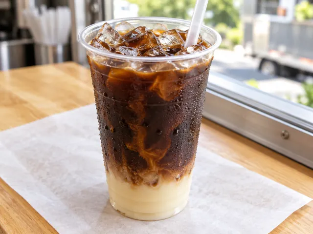 An iced coffee with condensed milk in a plastic cup