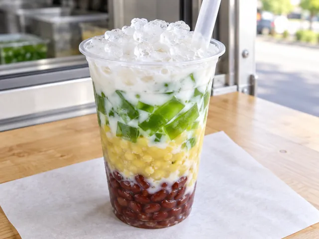 A cup of chè ba màu in three layers