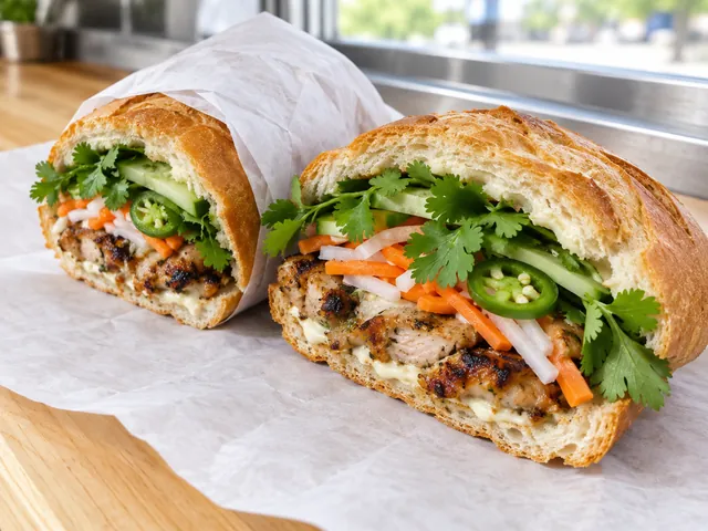 A lemongrass chicken bánh mì, one half wrapped in paper