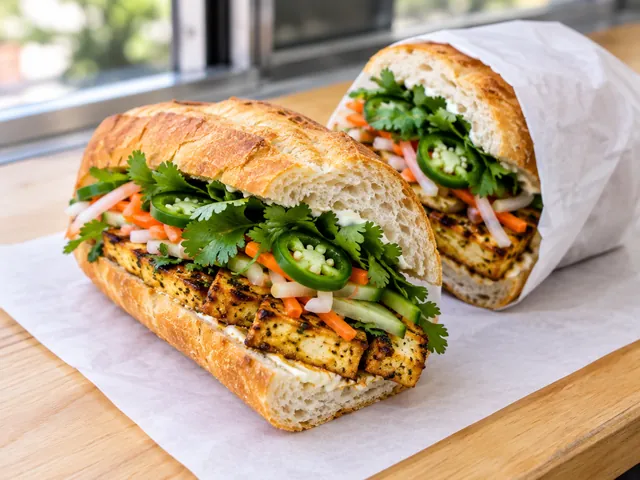 A lemongrass tofu bánh mì with pickles and herbs