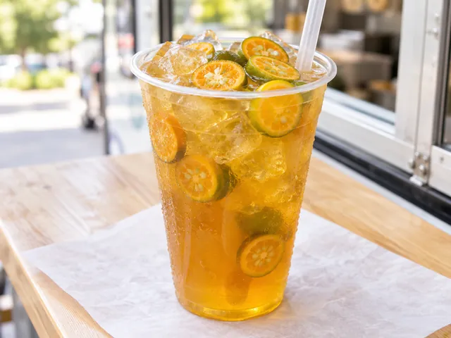 A kumquat iced tea with kumquat halves