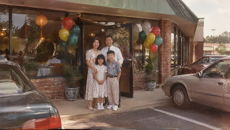 Ảnh cũ ngày khai trương năm 1998: cô chú và hai con đứng trước cửa quán, bóng bay hai bên cửa.
