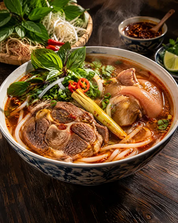 Tô bún bò Huế đỏ cam trên bàn gỗ, giò heo, chả Huế, rau thơm và chanh