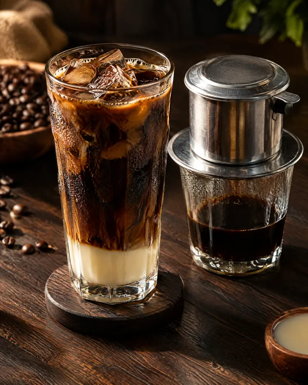 Ly cà phê sữa đá bên phin nhôm trên bàn gỗ tối