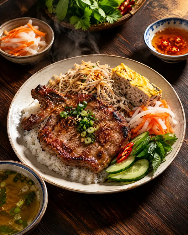 Đĩa cơm tấm sườn nướng, bì, chả trứng, đồ chua và chén nước mắm trên bàn gỗ
