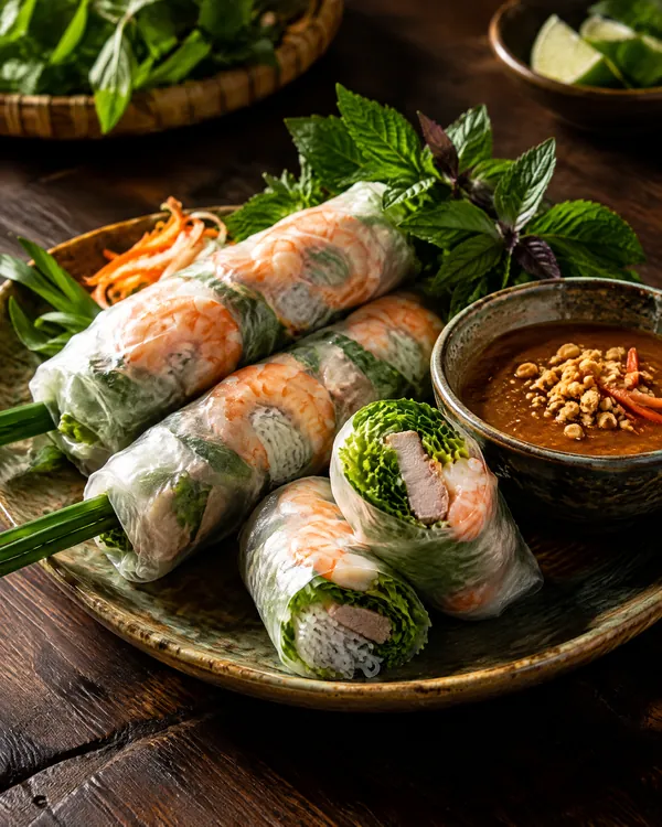 Gỏi cuốn tôm thịt trên đĩa gỗ, chén tương đậu phộng bên cạnh