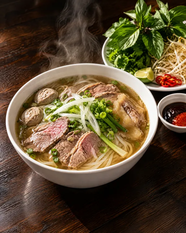 Tô phở đặc biệt trên bàn gỗ tối, bò tái, nạm, gân, bò viên, hành lá, đĩa rau thơm bên cạnh