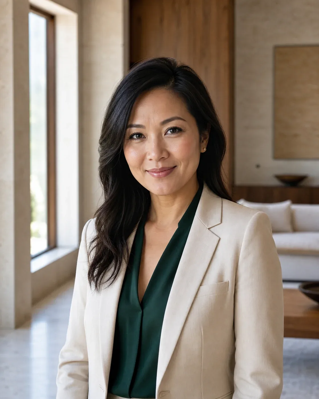 Linh Nguyen in a bright living room