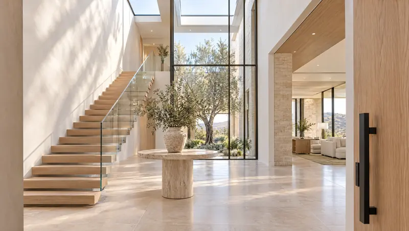 The double-height entry with a floating white oak stair and limestone floors
