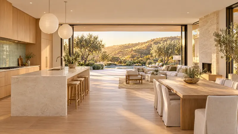 The kitchen and great room with a long limestone island and glass doors open to the pool terrace
