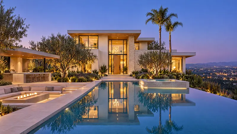 The infinity-edge pool at dusk with the lit house behind and city lights below
