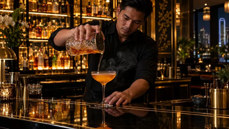 A bartender pouring a smoked cocktail at the lacquer bar