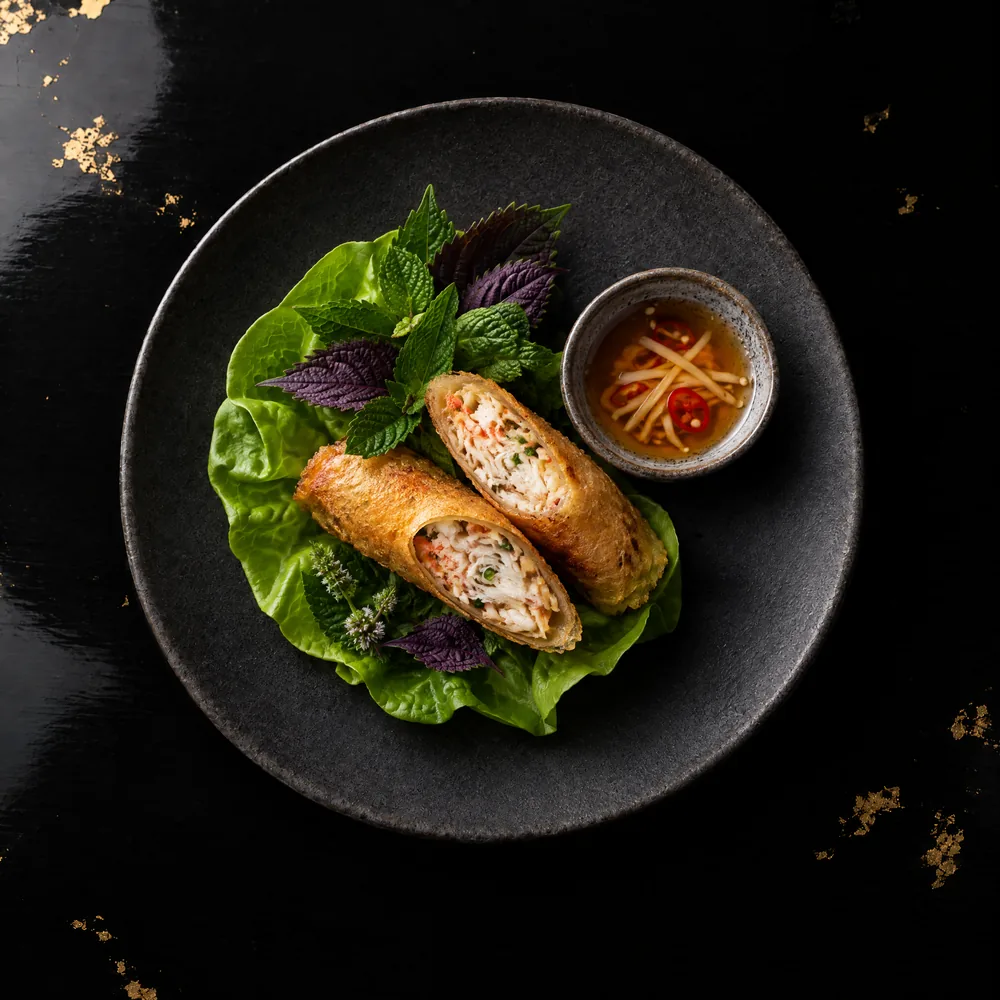 Chả giò cua — Blue crab spring roll, butter lettuce, ginger nước mắm