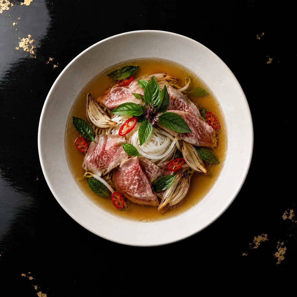 Phở bò Wagyu — Clear phở broth, A5 wagyu, poured at the table