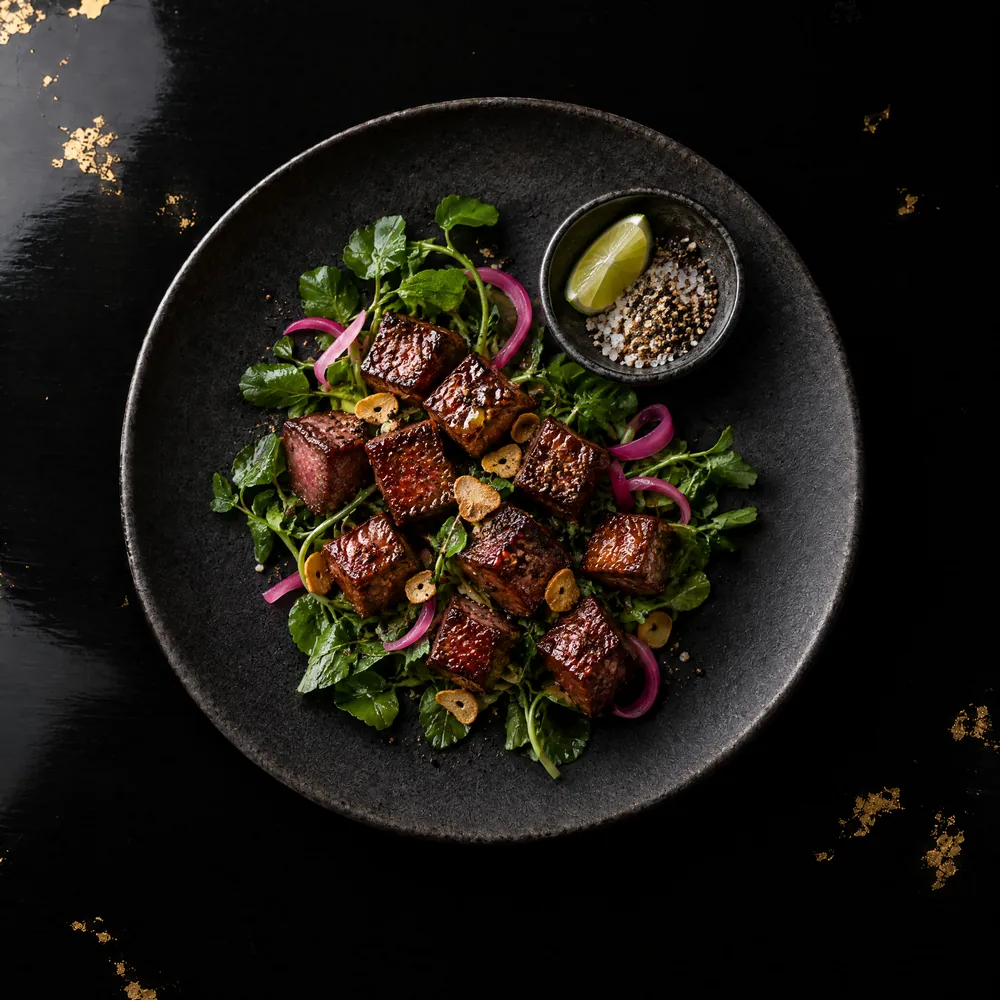 Bò lúc lắc — Texas wagyu tenderloin, watercress, lime-pepper salt