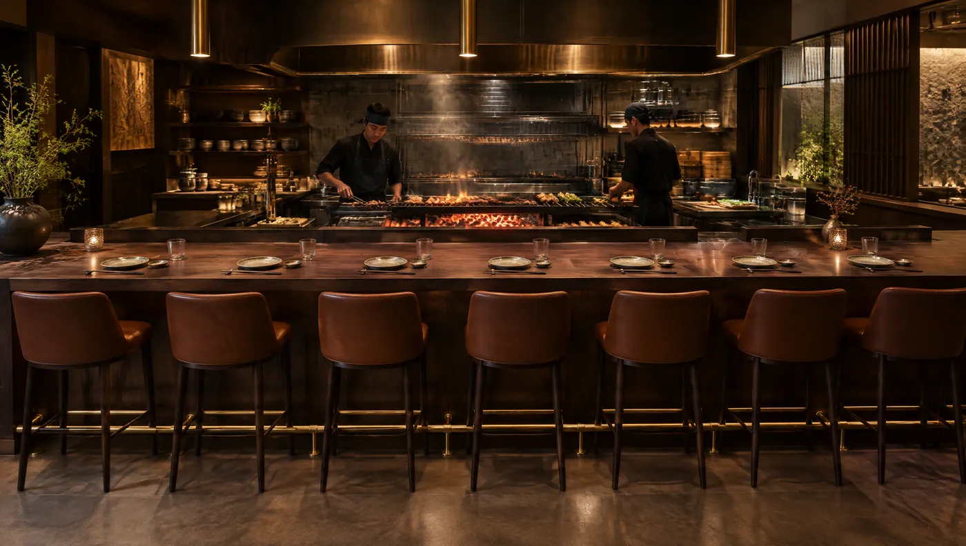 The eight-seat chef’s counter facing the charcoal grill