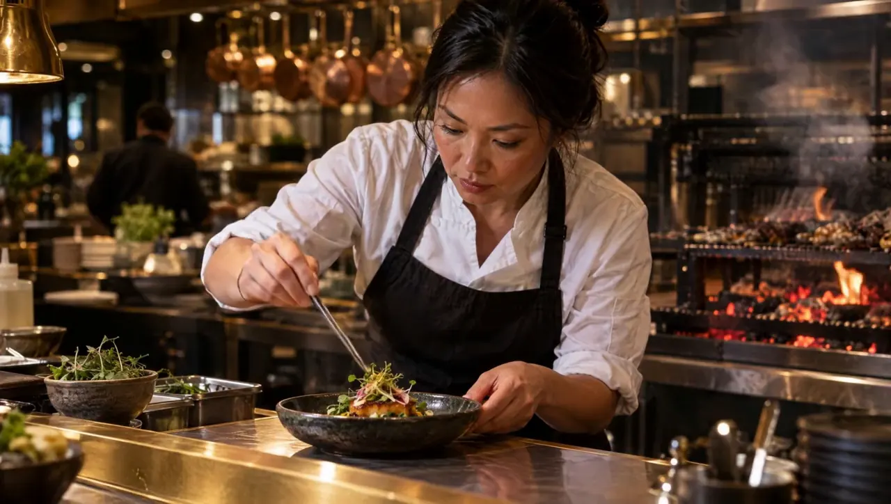 Chef Khánh finishing a plate at the pass