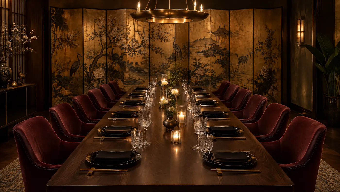 The private dining room behind a gold lacquer screen
