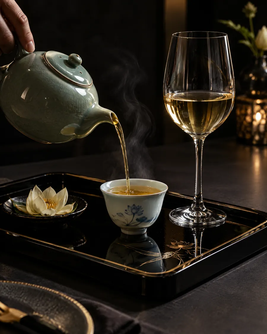 Lotus tea poured into a small porcelain cup for the tea pairing