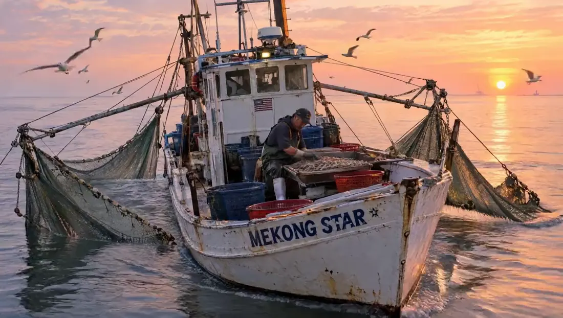 The Mekong Star, the family’s shrimp boat, heading out at dawn
