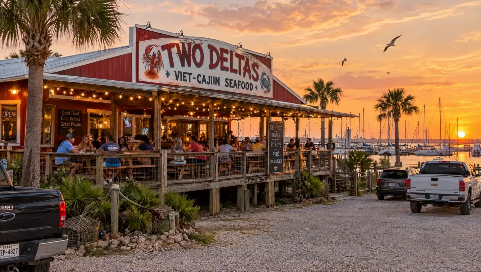 Two Deltas restaurant on the Kemah waterfront at sunset