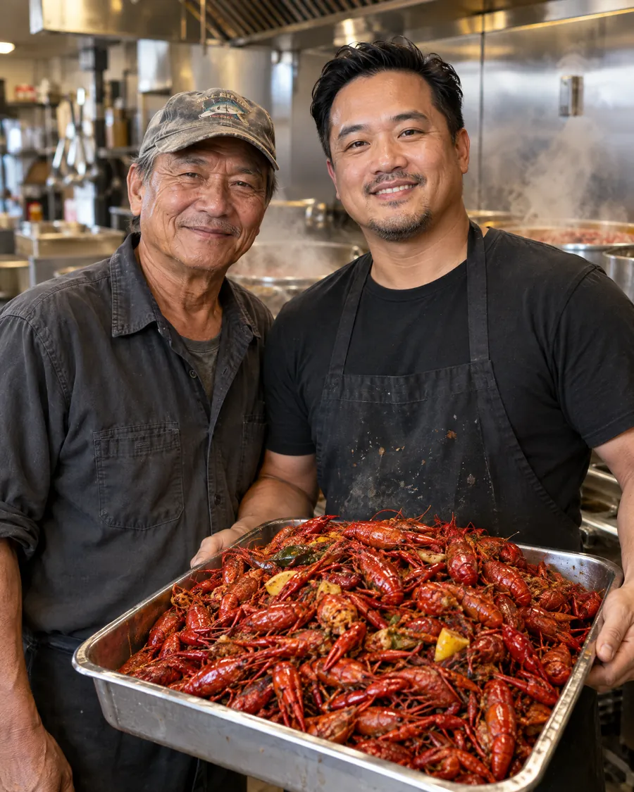 Ba and Danny in the Two Deltas kitchen with a tray of crawfish