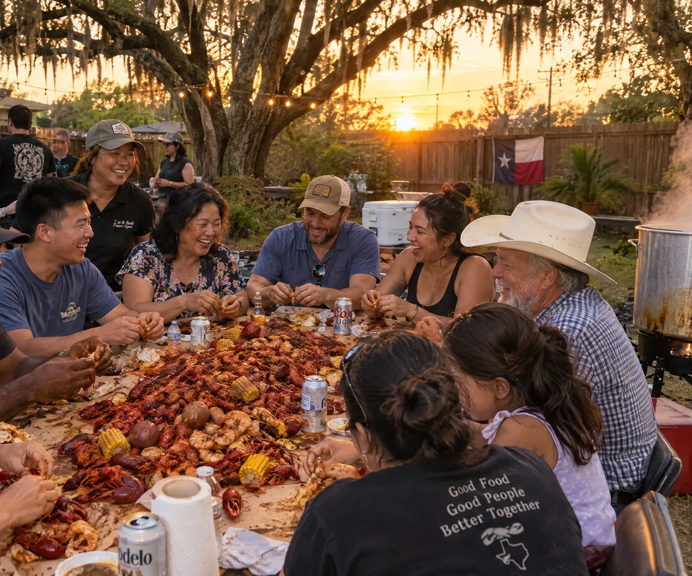 A backyard crawfish boil party with friends and family at sunset