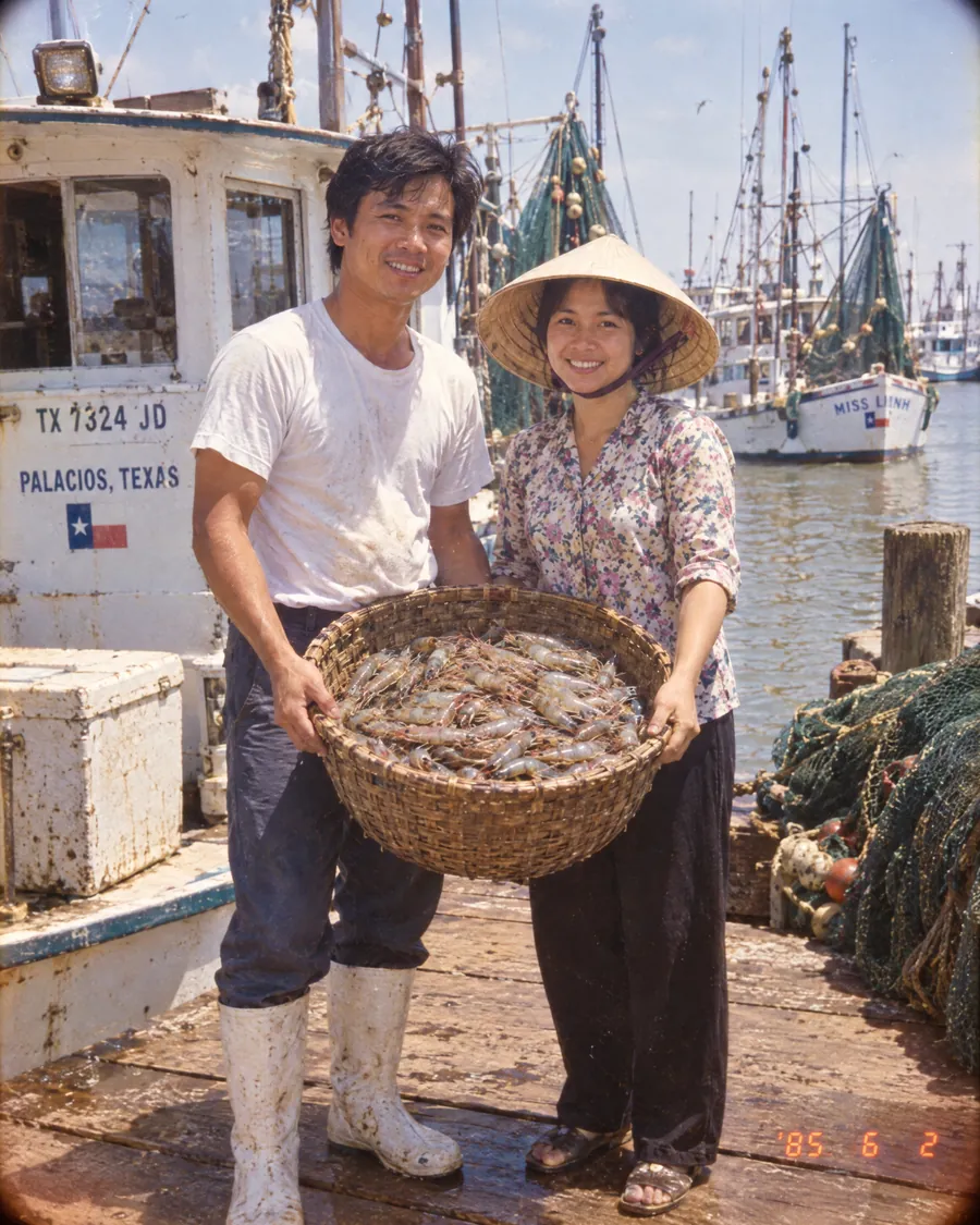 Ba and Má on the dock in Palacios, Texas, in 1985, with a basket of shrimp